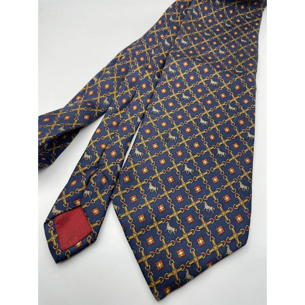 Antiche Seterie Fiorentine Silk Tie Navy Blue Equestrian Horse Chain Italy